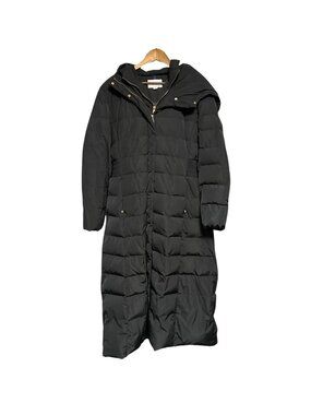 Cole Haan Signature  Black Long Down Puffer Coat With Hood & Gold Accents Sz XXL